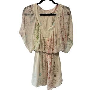Gypsy 05 Silk Cream Tie-Dye Dolman Sleeve Aztec Boho Tunic Sheer Dress